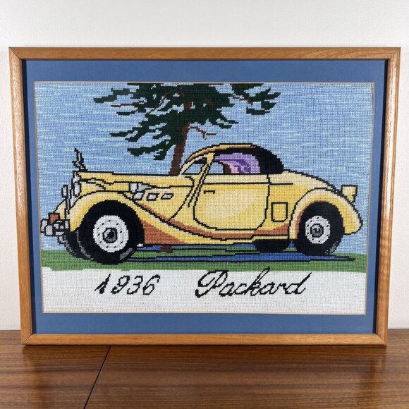 Vintage Framed Cross Stitch 1936 Packard Yellow Car 19 x 15 Artwork 1981 - Picture 1 of 7